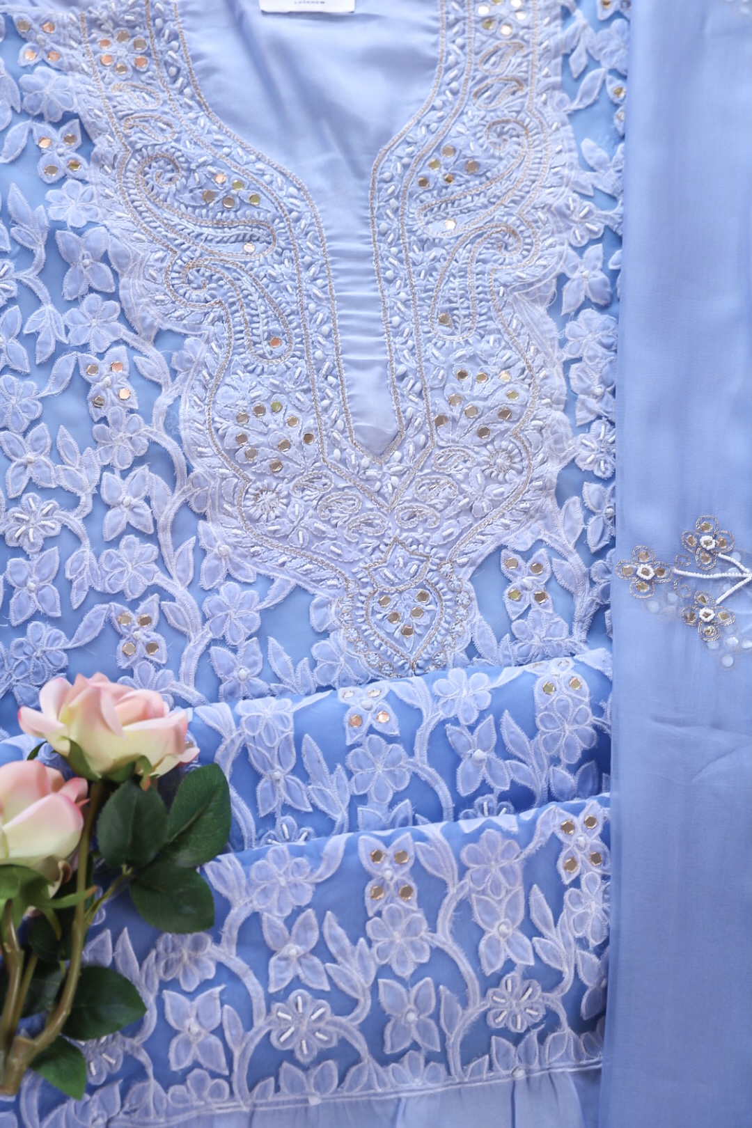 White Chikankari Kurti Fabric With Applique And Mukaish Work – Dress365days  | Fabric, Applique, Kurti