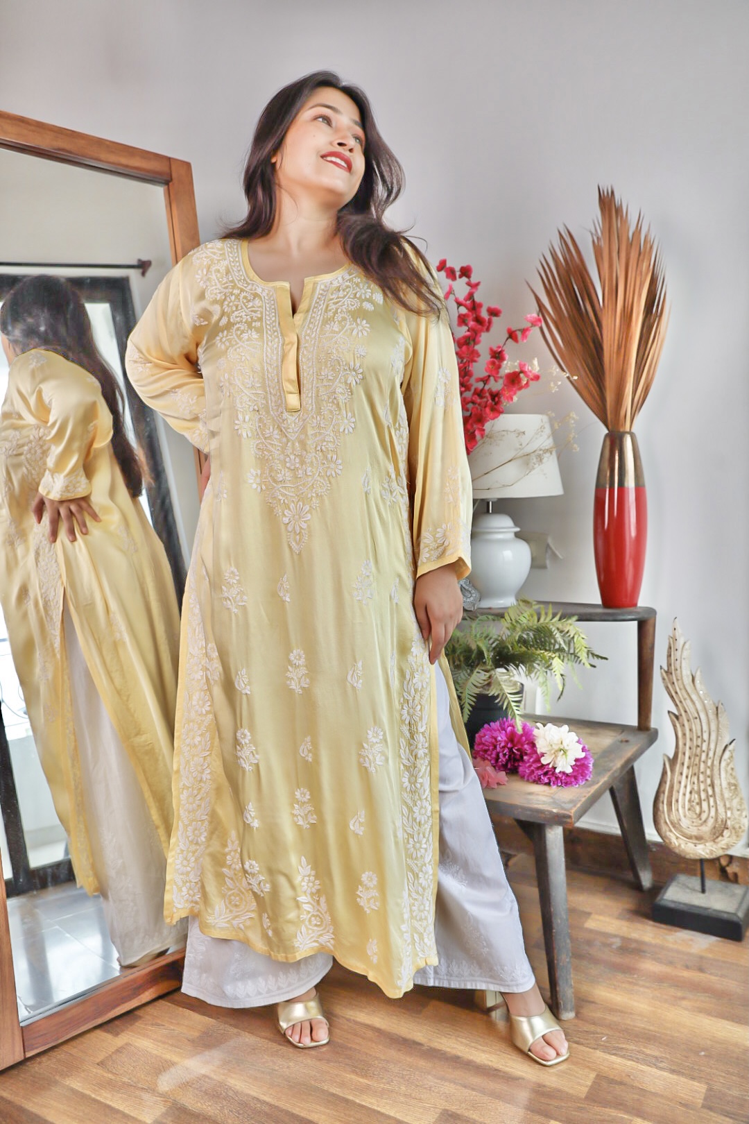 Gold Satin Kurti with Sequin Work and Puff Sleeves-23SLK03033-8A – Lakshita