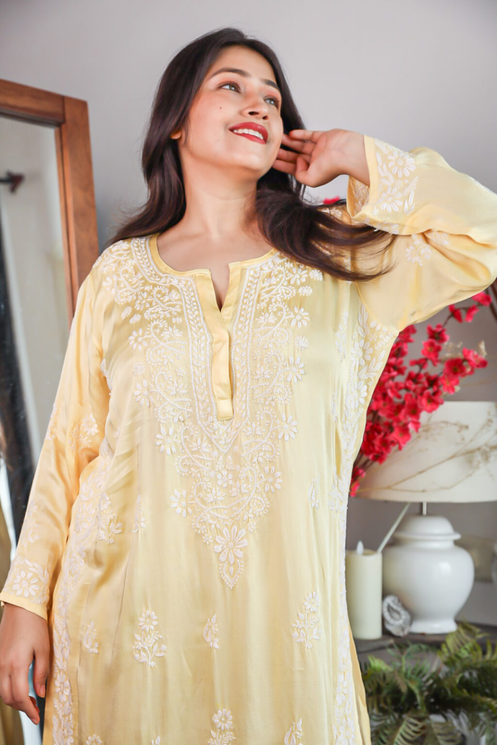 Nikkat Satin Chikankari Kurti - Lucknow Chikan, Readymade Chikan Kurtis ...