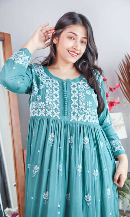 Hand Embroided chikan kurti with Glass work.