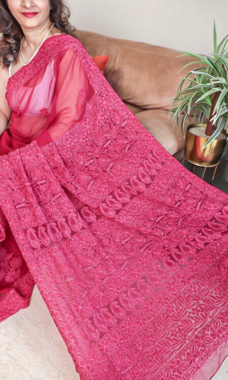 Cinnamon Pink Lucknowi Chikankari Woven Cotton Saree