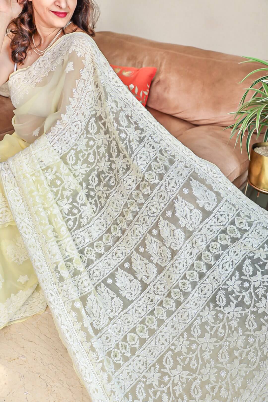 Women's Lakhnavi Handcrafted Dyeable Pure Silk Georgette Chikankari Sa